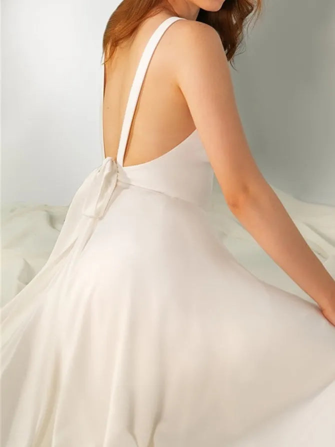 Princess V Neck Floor-Length Wedding Dress With Bow Split Side