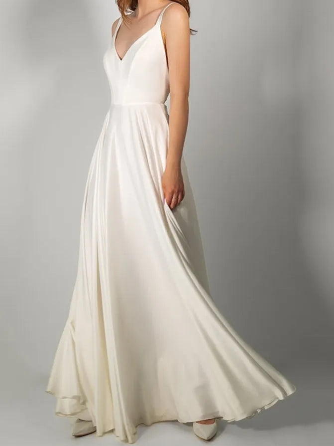 Princess V Neck Floor-Length Wedding Dress With Bow Split Side