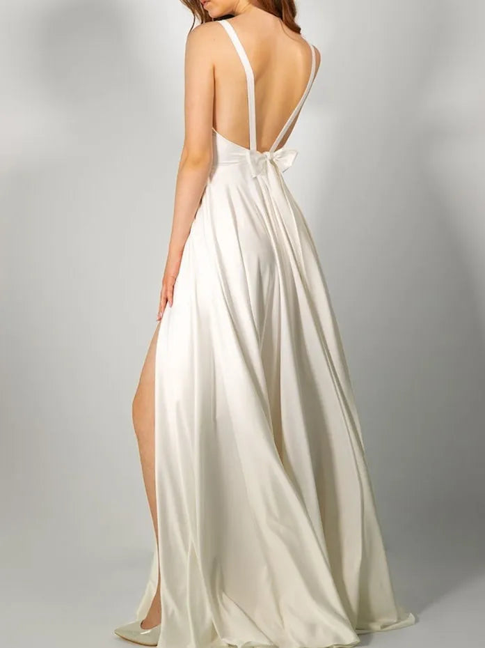 Princess V Neck Floor-Length Wedding Dress With Bow Split Side