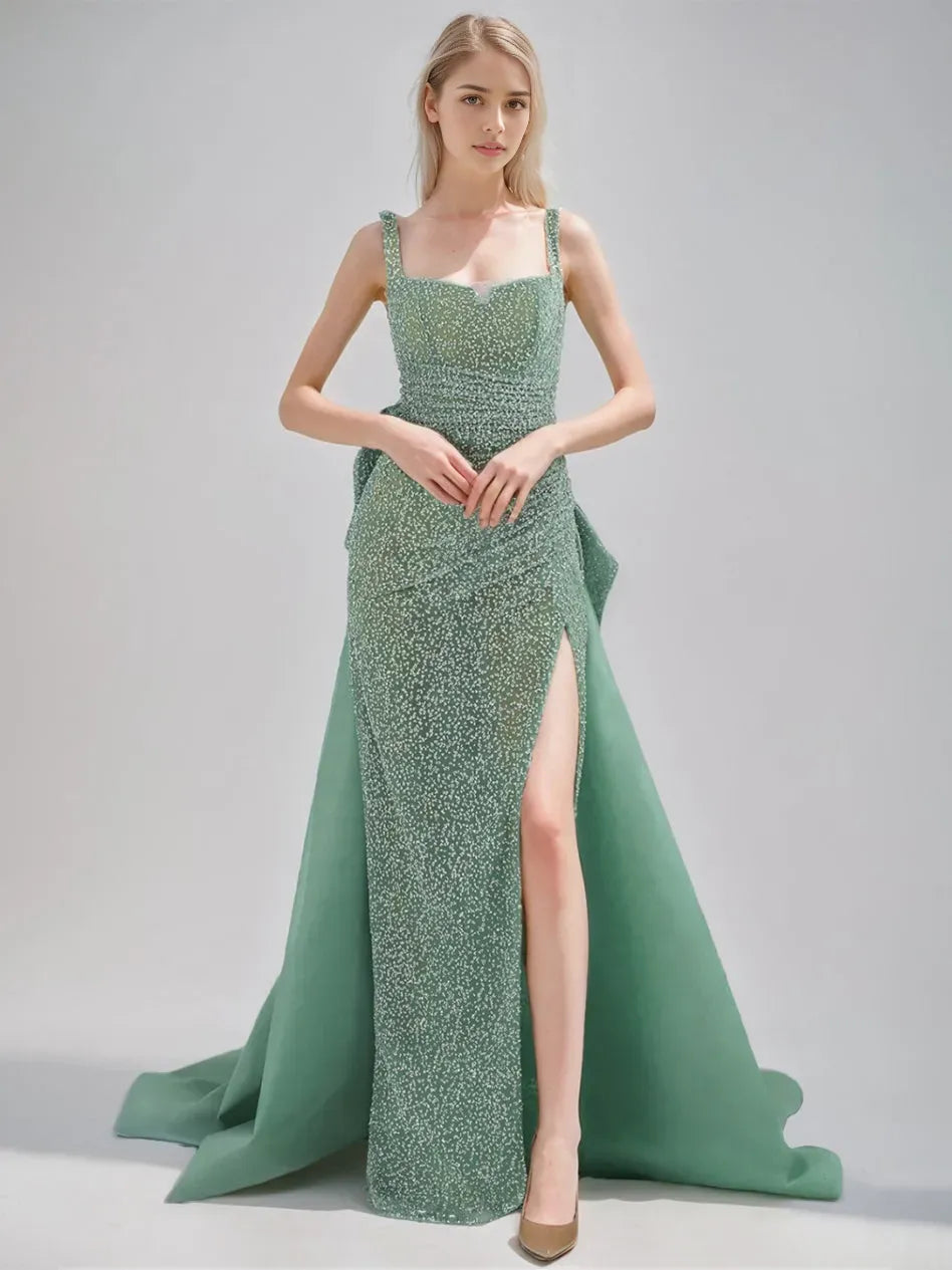 Princess strapless backless sequined evening gown with high waisted bow and sheer