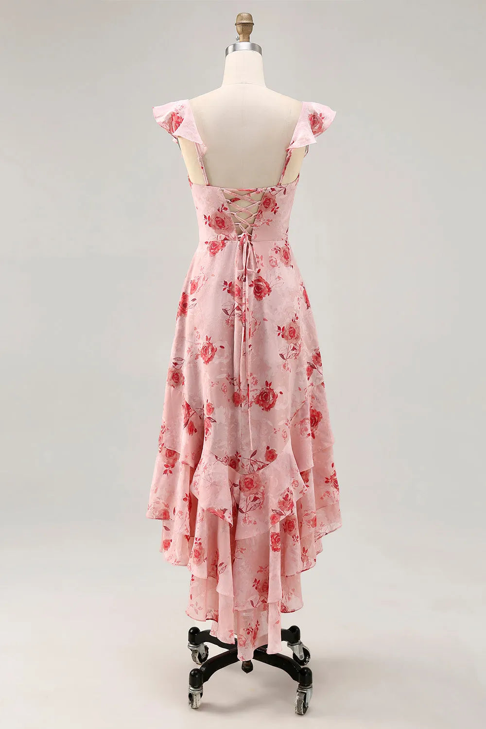 Printed Pink Flower A Line Ruffled Wedding Guest Dress