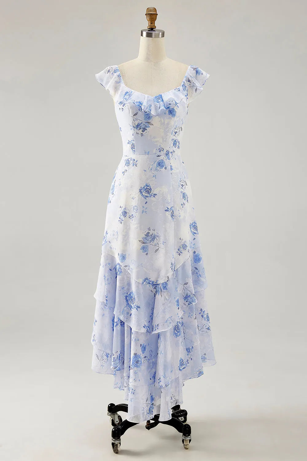 Printed Pink Flower A Line Ruffled Wedding Guest Dress