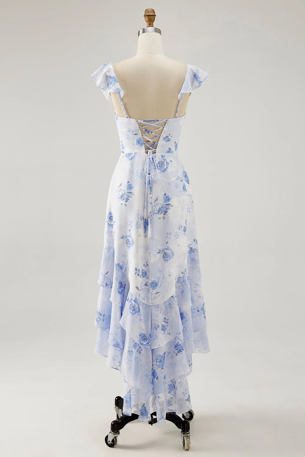 Printed Pink Flower A Line Ruffled Wedding Guest Dress