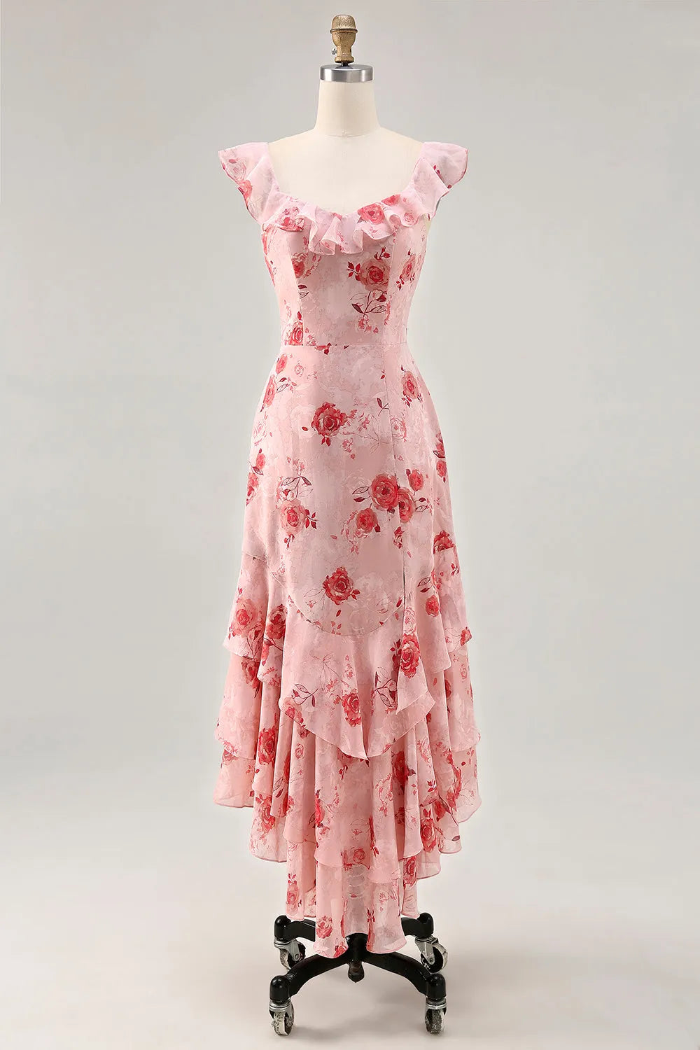 Printed Pink Flower A Line Ruffled Wedding Guest Dress