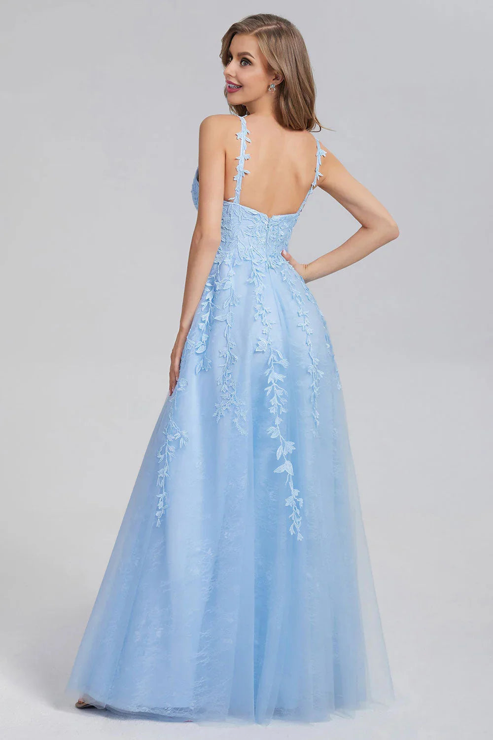 DingJiDress A Line Straps Blue Prom Dresses V Neck Lace Evening Dresses