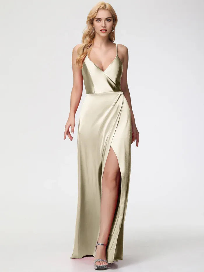 Prom Burgundy Dresses Halter Straps V-Neck Lace Up Back Satin Prom Dress With Slit