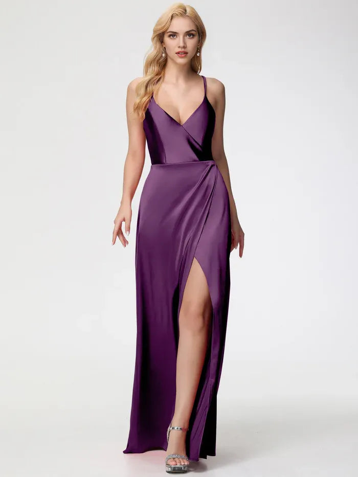 Prom Burgundy Dresses Halter Straps V-Neck Lace Up Back Satin Prom Dress With Slit