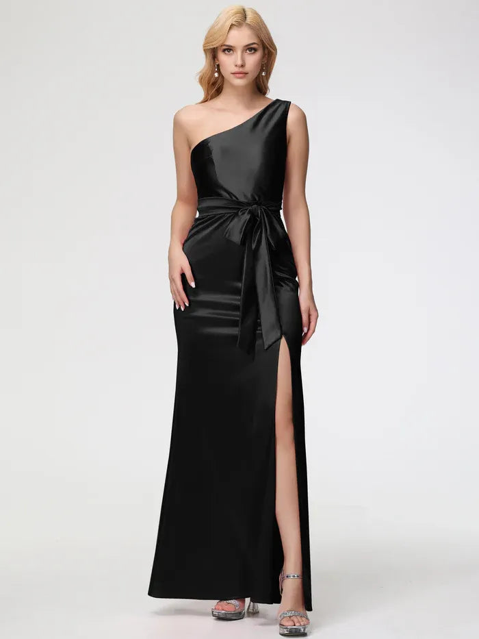 Satin One Shoulder Trumpet/Mermaid Sleeveless Pleats Stretch Satin Prom Dresses