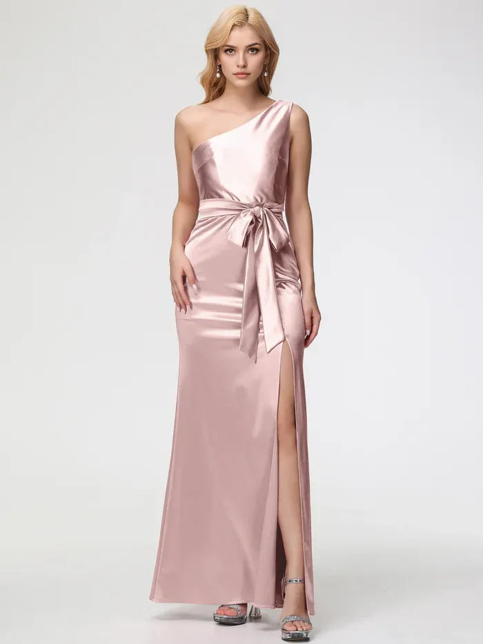 Satin One Shoulder Trumpet/Mermaid Sleeveless Pleats Stretch Satin Prom Dresses