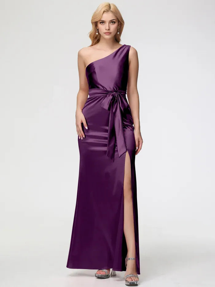 Satin One Shoulder Trumpet/Mermaid Sleeveless Pleats Stretch Satin Prom Dresses
