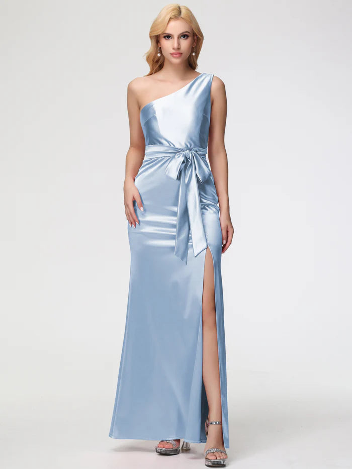 Satin One Shoulder Trumpet/Mermaid Sleeveless Pleats Stretch Satin Prom Dresses