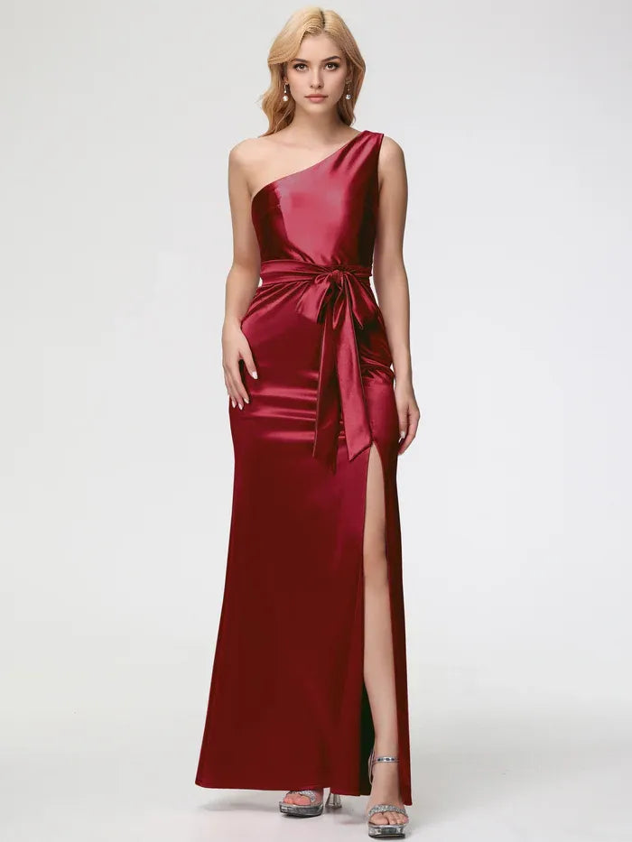 Satin One Shoulder Trumpet/Mermaid Sleeveless Pleats Stretch Satin Prom Dresses