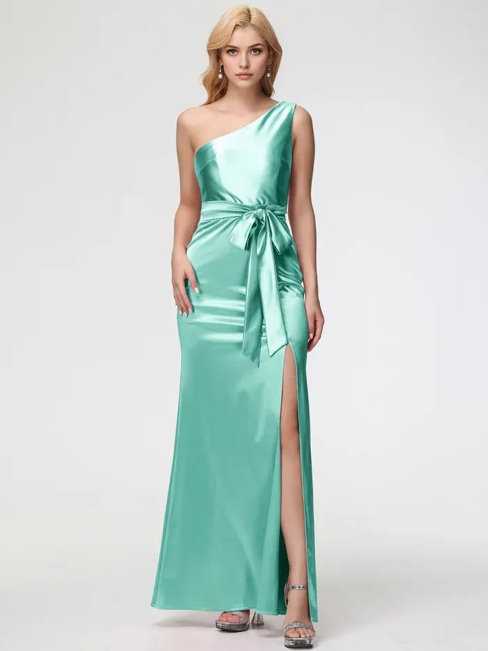 Satin One Shoulder Trumpet/Mermaid Sleeveless Pleats Stretch Satin Prom Dresses