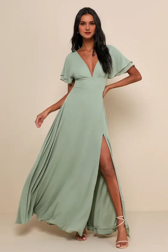Promise Of Love Sage Brush Flutter Sleeve Evening Dresses