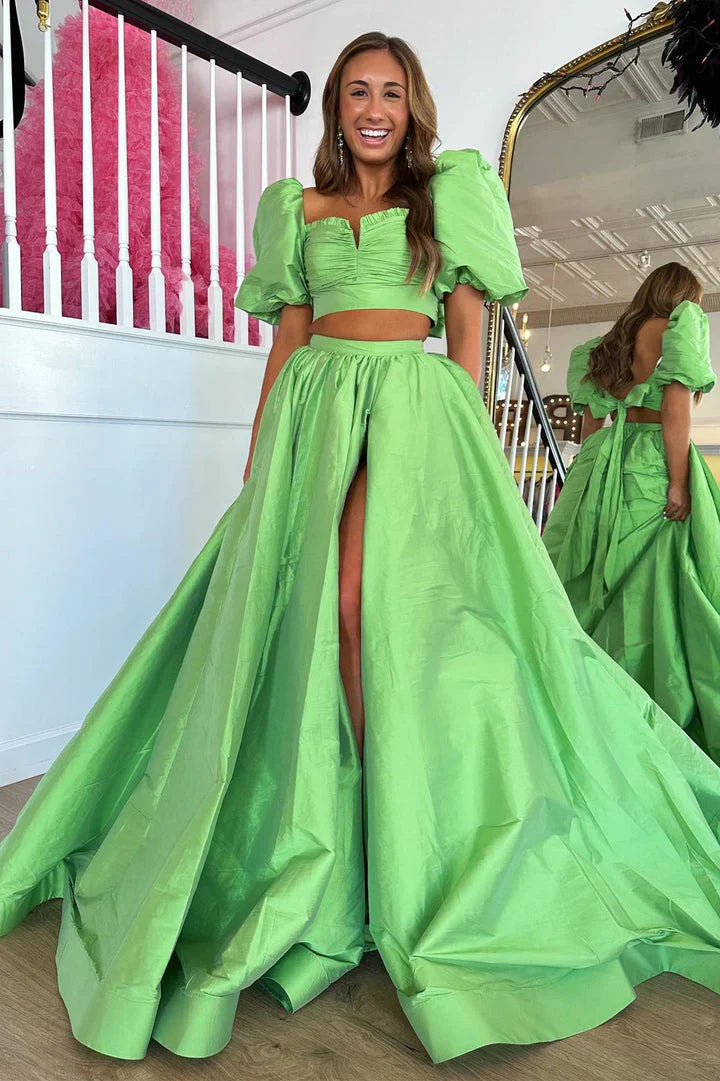 DingJiDress Rjerdress Two Piece Puff Sleeve Tie-Back Long Prom Dress