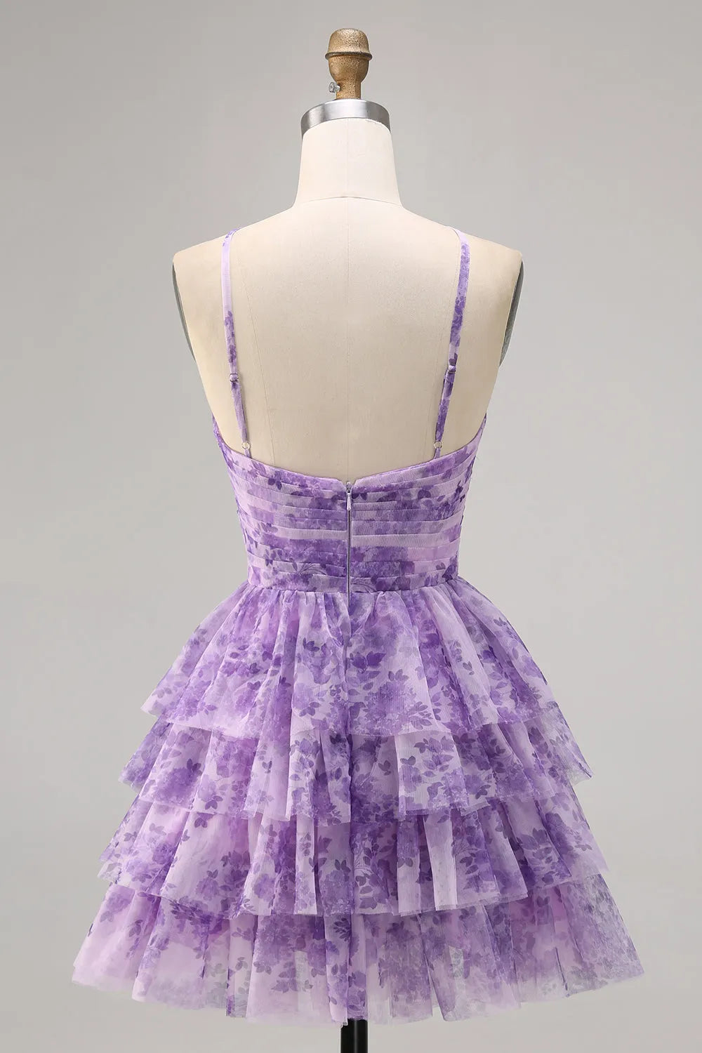 Purple A Line Keyhole Spaghetti Straps Short Homecoming Dress with Ruffles ﻿