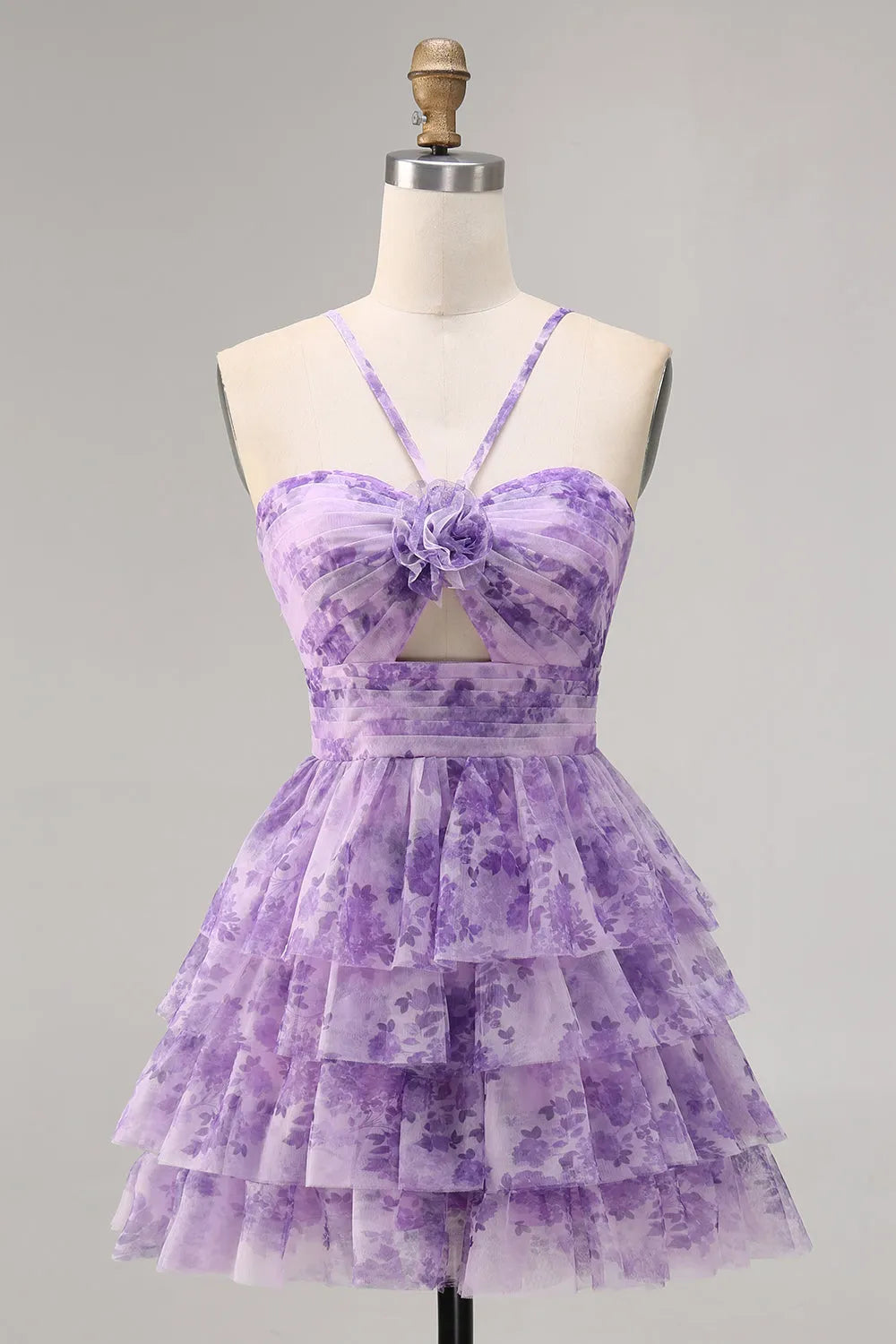 Purple A Line Keyhole Spaghetti Straps Short Homecoming Dress with Ruffles ﻿