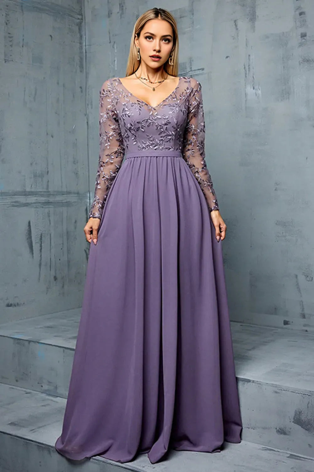 Purple Chiffon A Line Long Mother of the Bride Dress with Appliques ﻿
