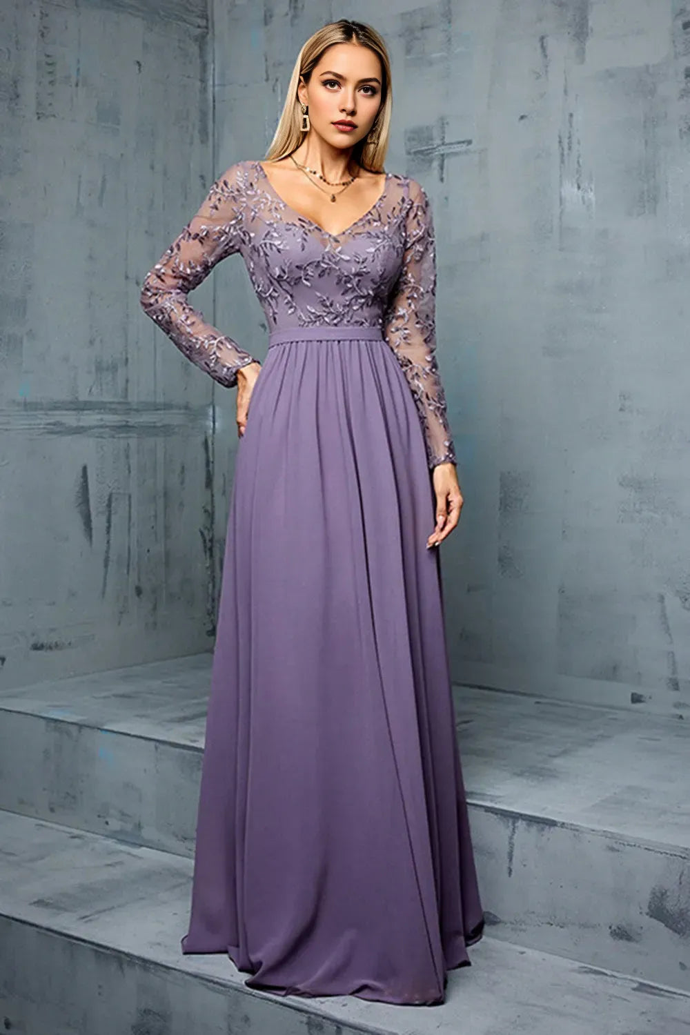 Purple Chiffon A Line Long Mother of the Bride Dress with Appliques ﻿