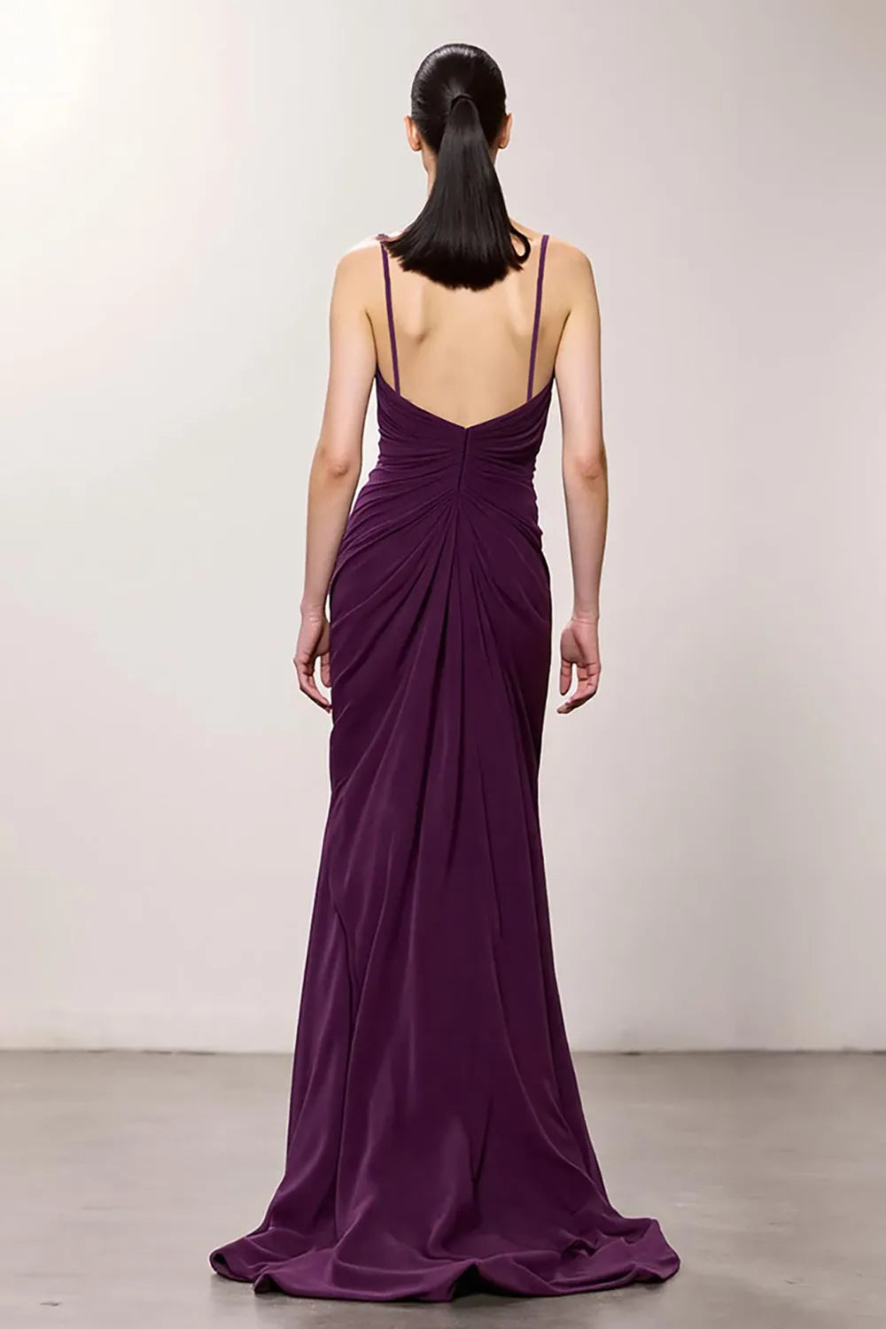 Purple Chiffon V-Neck Ruched A Line Long Evening Dress with Slit ?