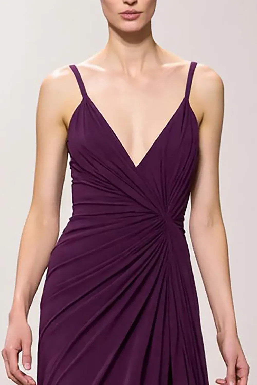 Purple Chiffon V-Neck Ruched A Line Long Evening Dress with Slit ?