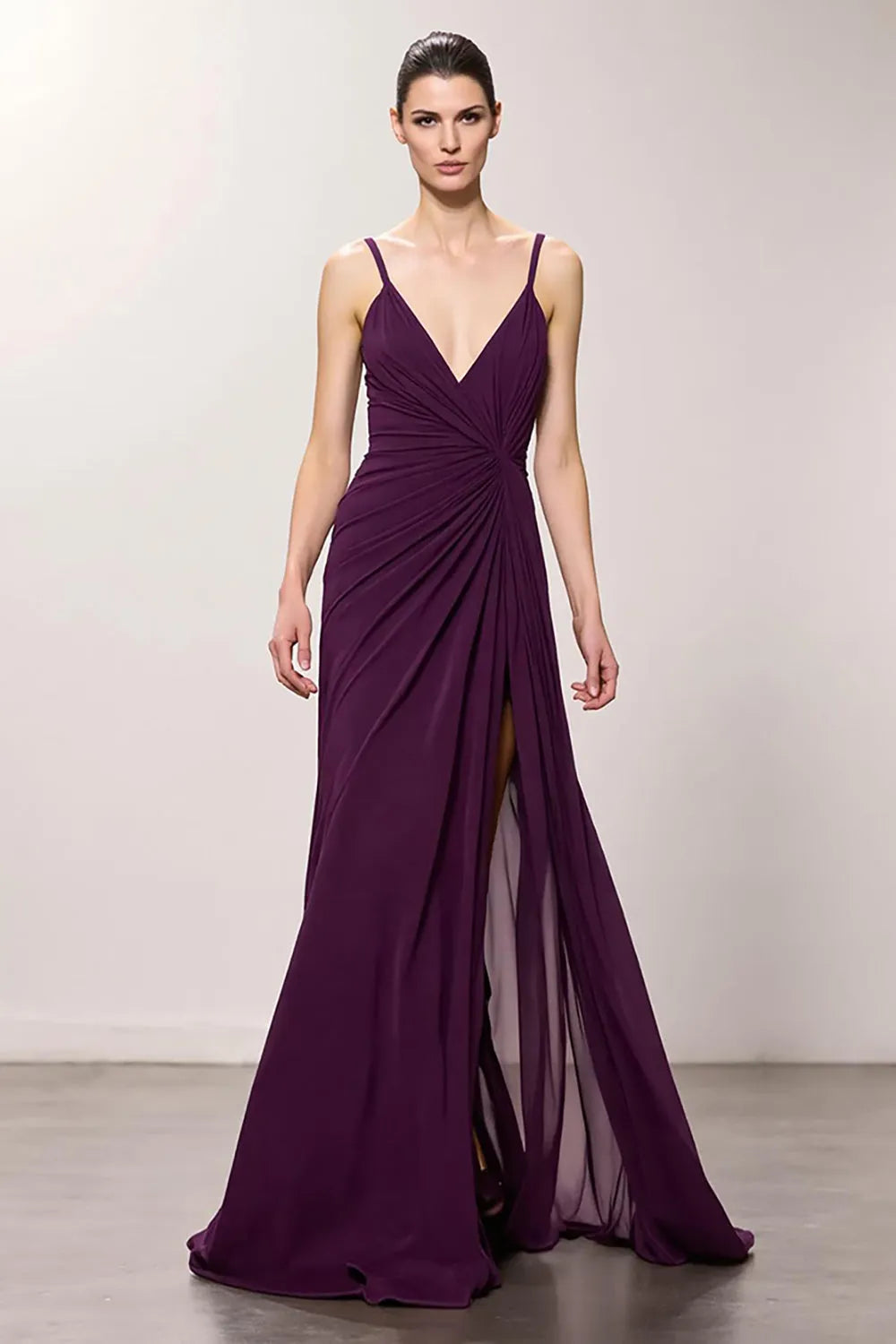 Purple Chiffon V-Neck Ruched A Line Long Evening Dress with Slit ?
