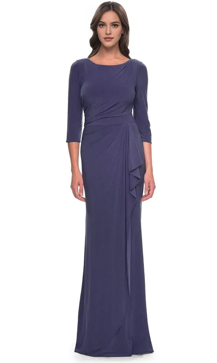 Purple Evening Dresses with Boat Neckline 3/4 Sleeves Asymmetric Draping and Floor Length Mermaid Silhouette for Formal Galas and Sophisticated Occasions