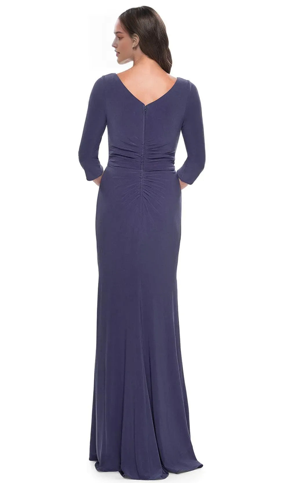 Purple Evening Dresses with Boat Neckline 3/4 Sleeves Asymmetric Draping and Floor Length Mermaid Silhouette for Formal Galas and Sophisticated Occasions
