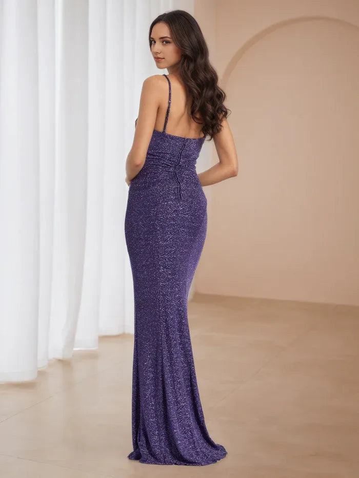 Purple Glitter Mermaid Prom Dress Cowl Neckline Spaghetti Straps Side Slit for a Dazzling Gala Entrance