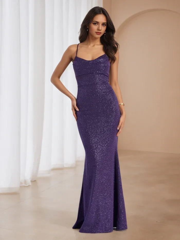 Purple Glitter Prom Dress Plunge Neckline Spaghetti Straps  Mermaid Fit for Timeless Gala Sparkle