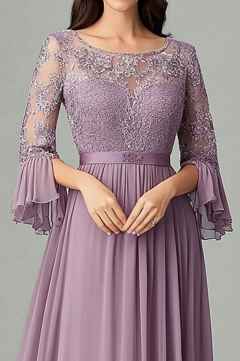 Purple Lace Chiffon Mother Of the Bride Dress with 3/4 Sleeves