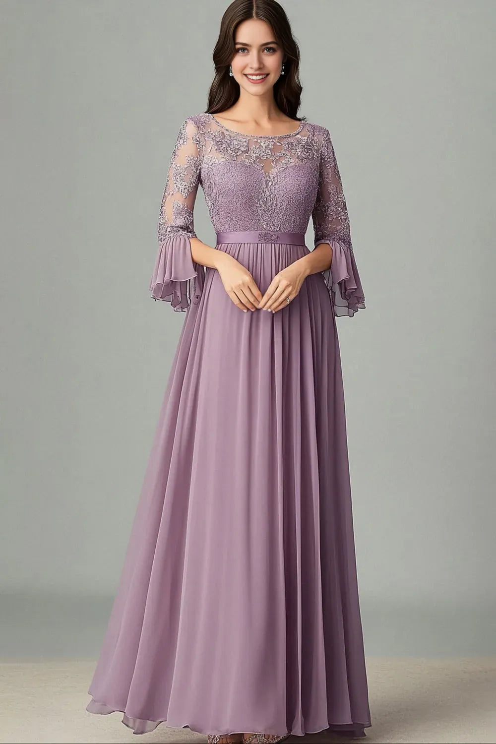 Purple Lace Chiffon Mother Of the Bride Dress with 3/4 Sleeves