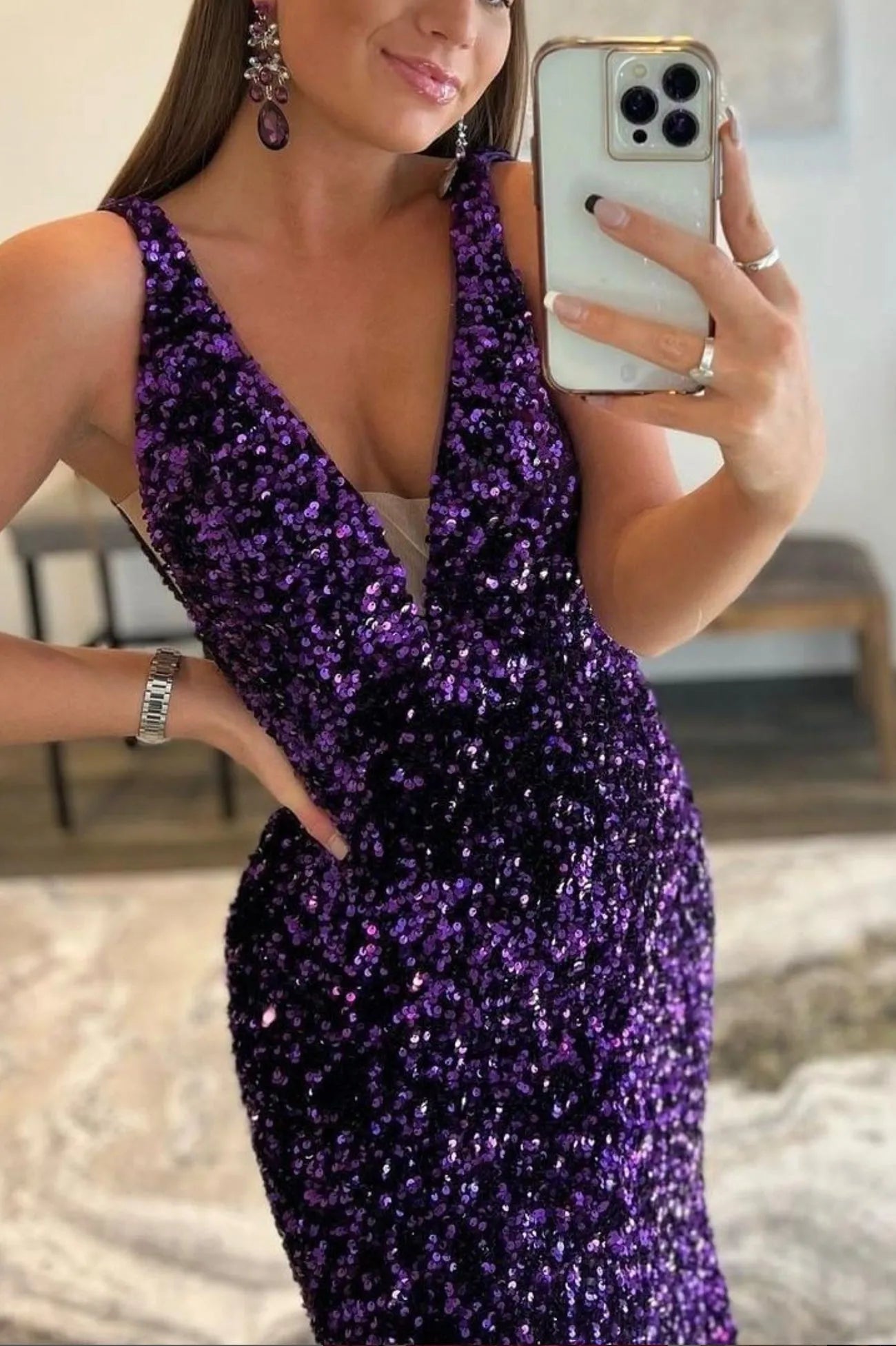Purple Sequins Long Mermaid Prom Dress Shiny V-Neck Evening Dress ﻿