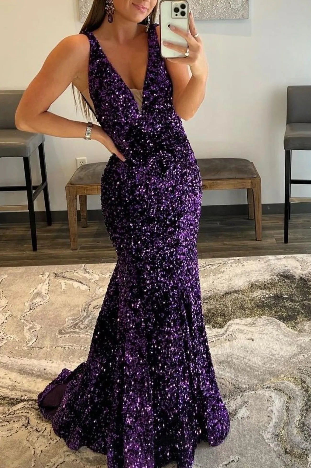 Purple Sequins Long Mermaid Prom Dress Shiny V-Neck Evening Dress ﻿