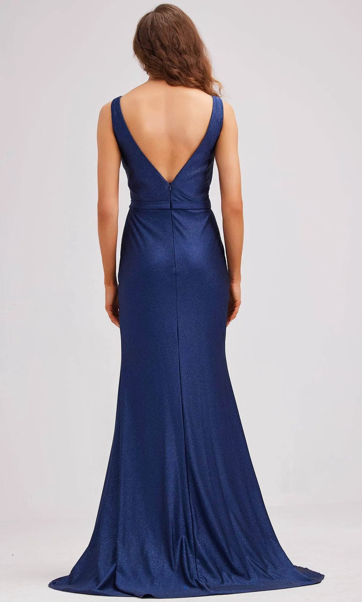 Purple Shimmer Evening Gown with V - Neck Asymmetric Ruched Bodice Waist Band and Dramatic Side Slit