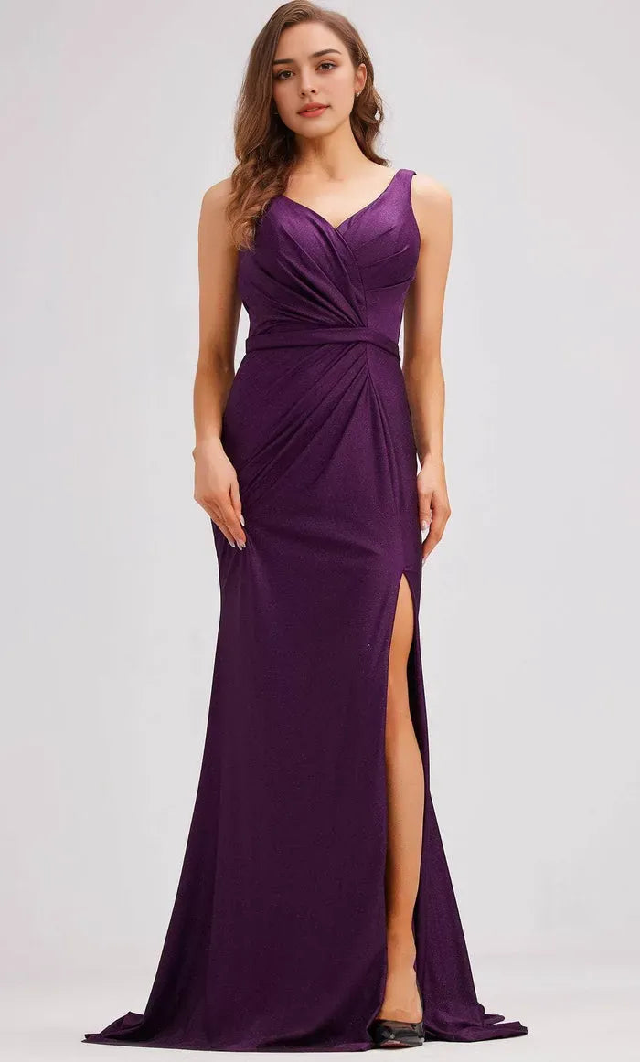 Purple Shimmer Evening Gown with V - Neck Asymmetric Ruched Bodice Waist Band and Dramatic Side Slit