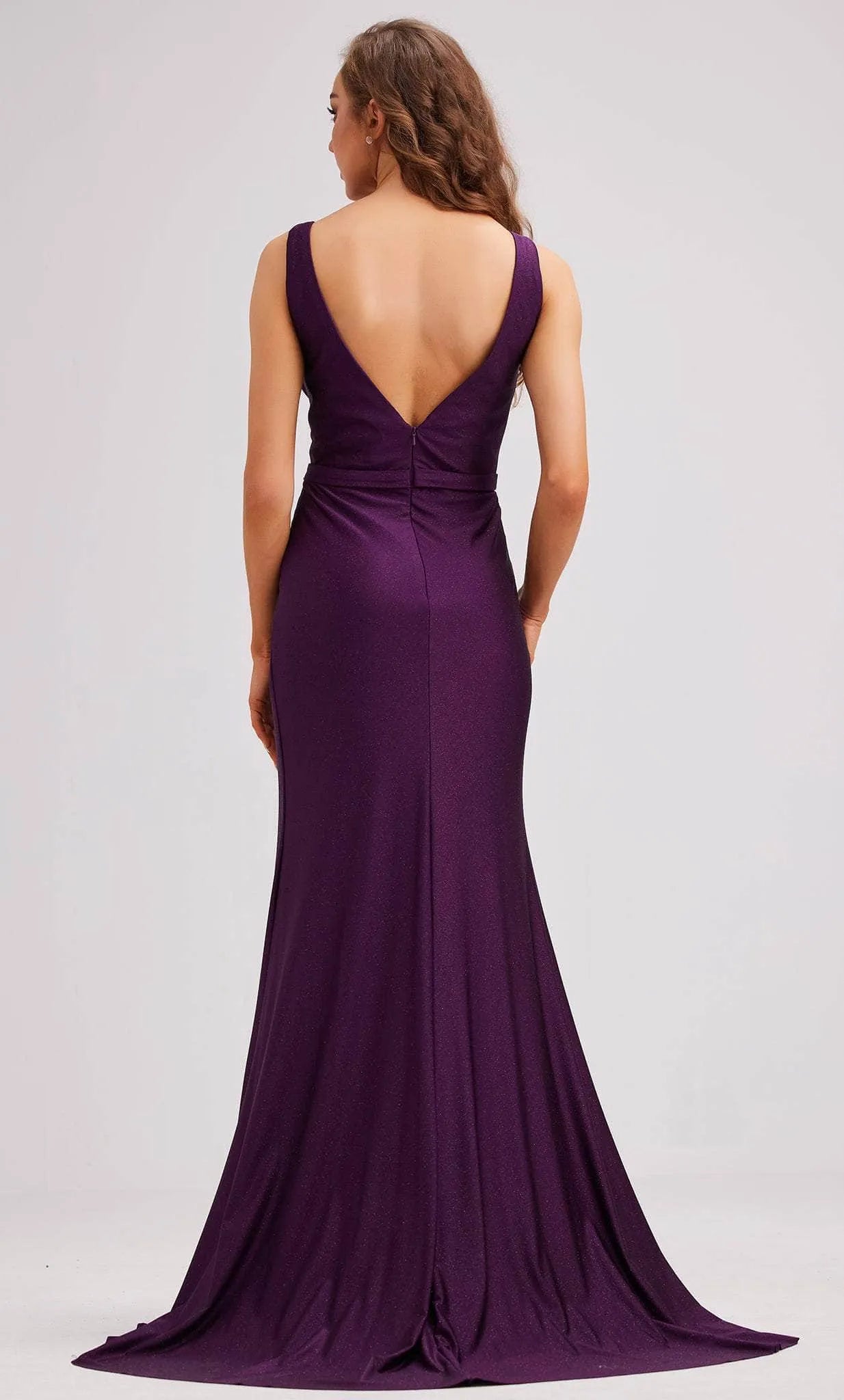 Purple Shimmer Evening Gown with V - Neck Asymmetric Ruched Bodice Waist Band and Dramatic Side Slit