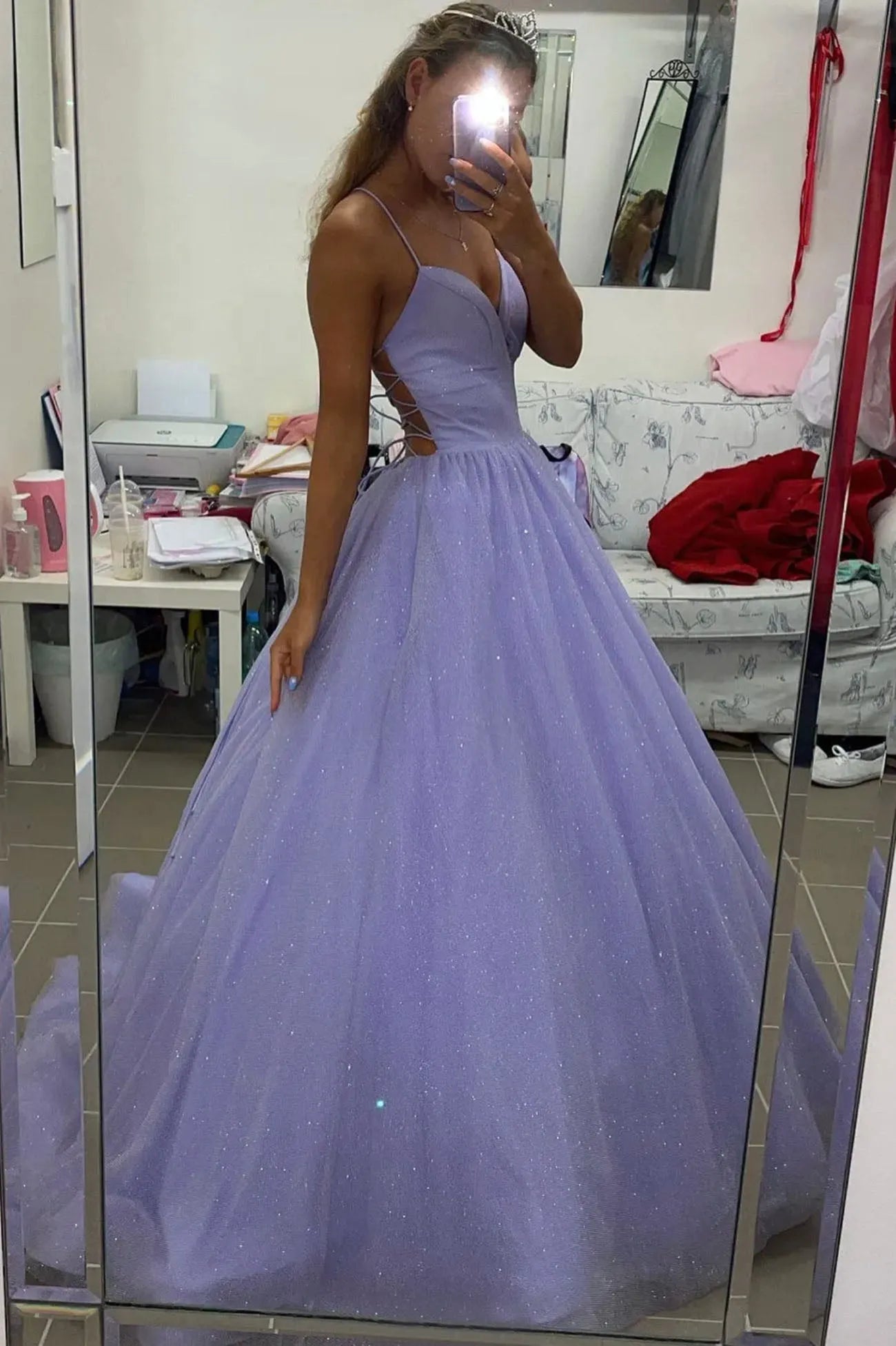 Purple Spaghetti Strap V-Neck Long Prom Dress A-Line Backless Evening Dress