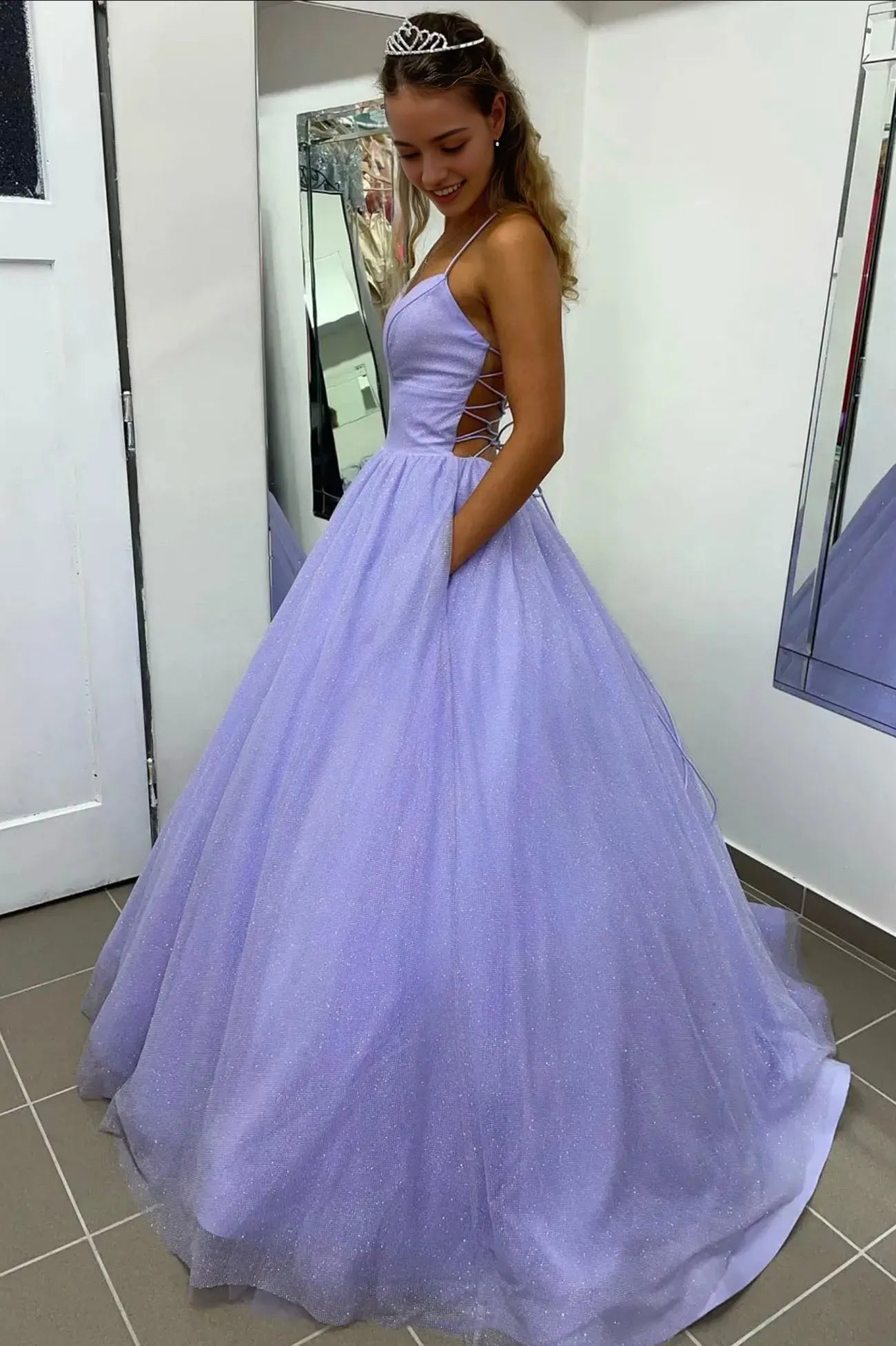 Purple Spaghetti Strap V-Neck Long Prom Dress A-Line Backless Evening Dress