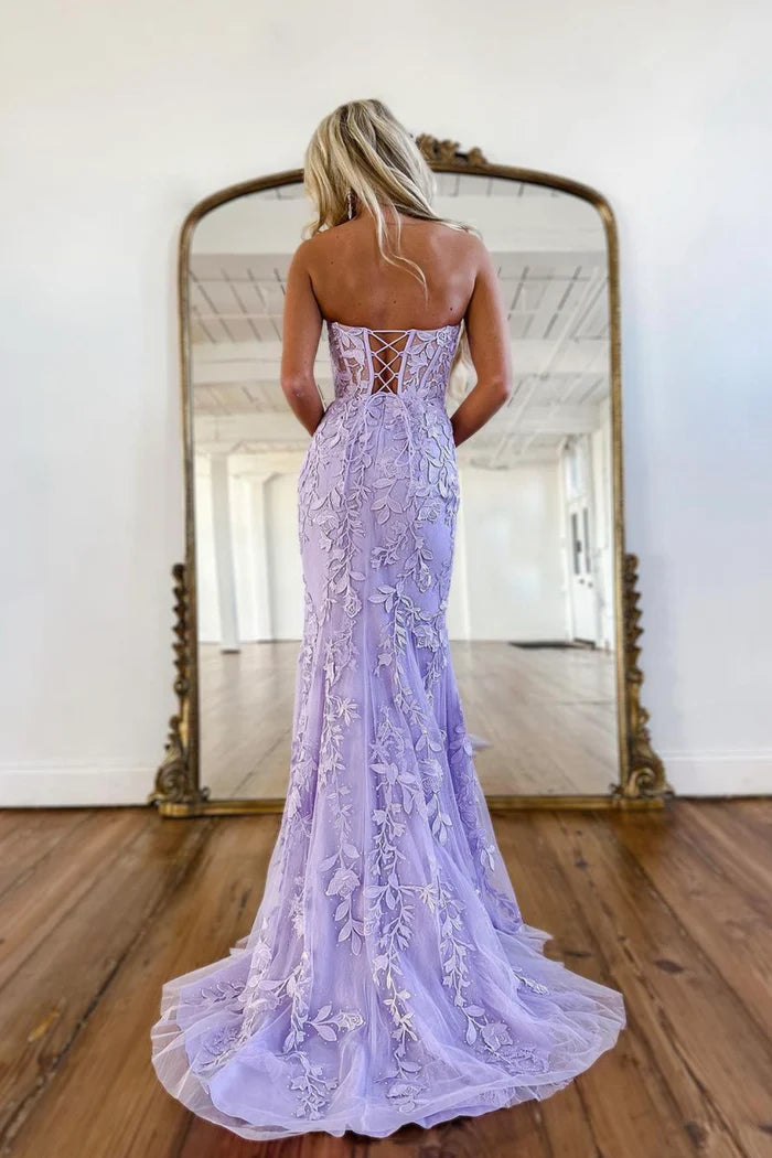 Purple Strapless Tulle Long Prom Dress with Lace Mermaid Evening Dress