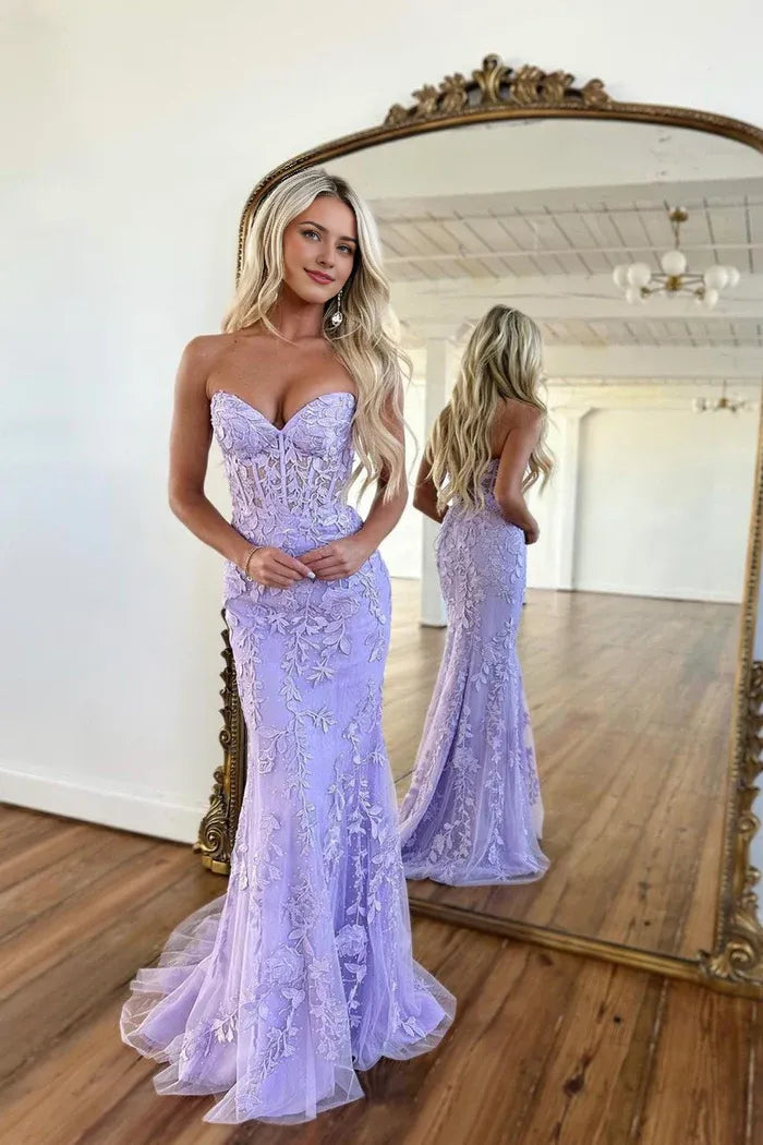 Purple Strapless Tulle Long Prom Dress with Lace Mermaid Evening Dress