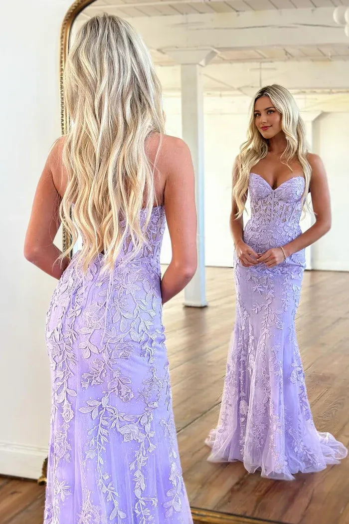 Purple Strapless Tulle Long Prom Dress with Lace Mermaid Evening Dress