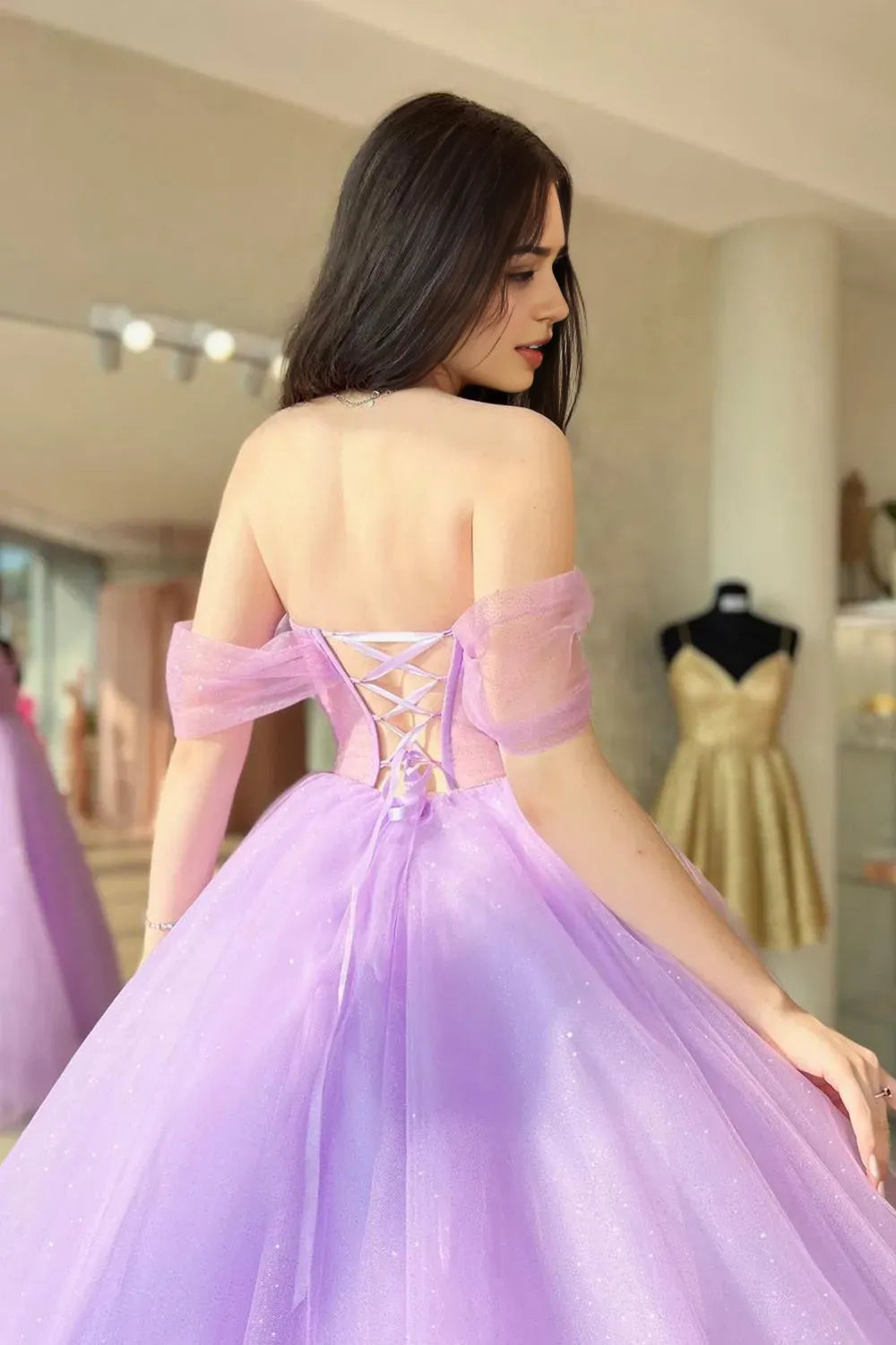Purple Tulle Long A-Line Prom Dress Off Shoulder Evening Dress