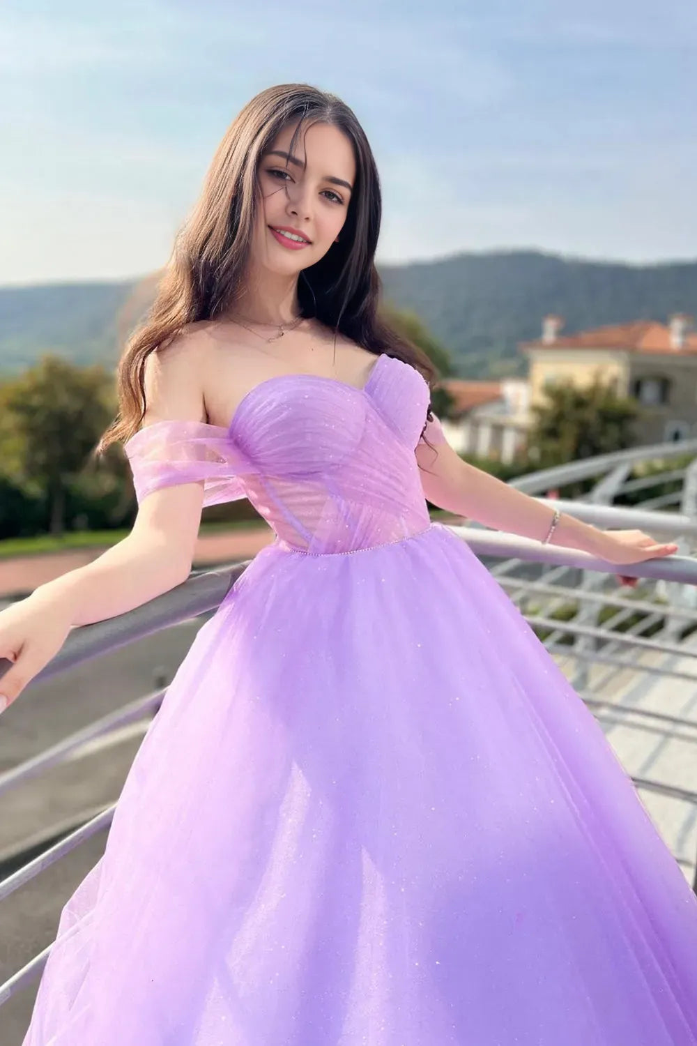 Purple Tulle Long A-Line Prom Dress Off Shoulder Evening Dress