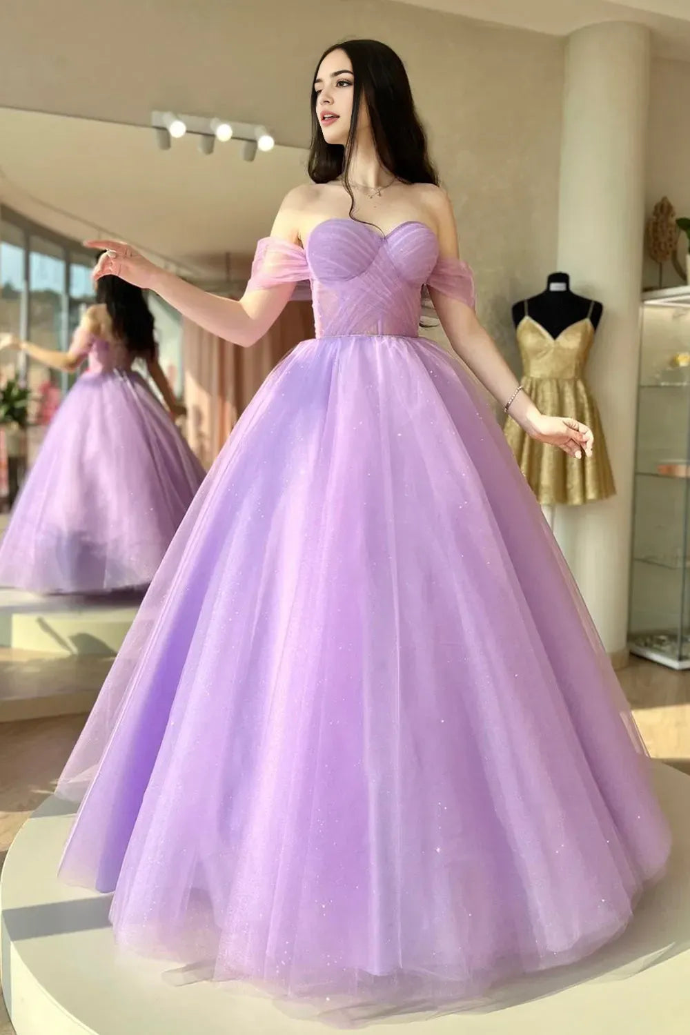 Purple Tulle Long A-Line Prom Dress Off Shoulder Evening Dress