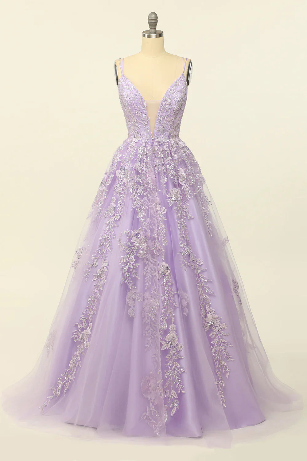 DingJiDress Purple Spaghetti Straps Prom Dress With Appliques