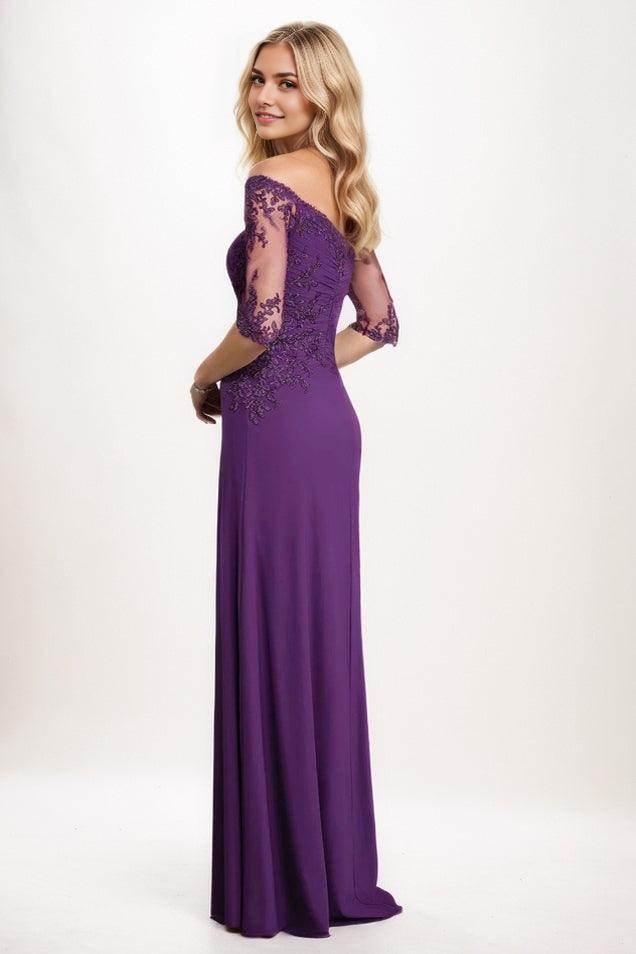 Purple lace ribbon applique chiffon bridal gown