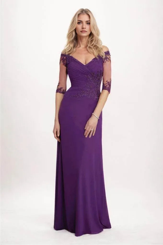 Purple lace ribbon applique chiffon bridal gown