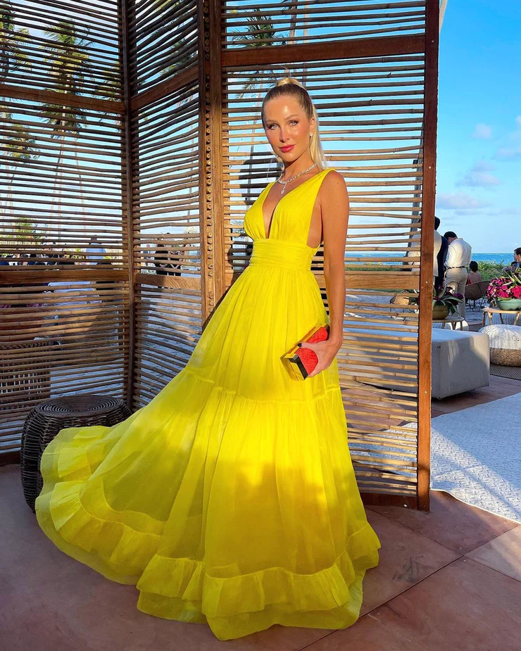 Charming A Line V Neck Yellow Chiffon Long Party Dresses Wedding Guest Dresses