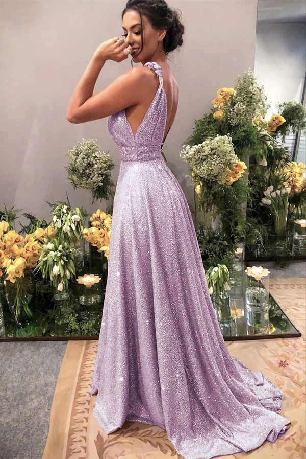 Purple elegant chiffon long sequin dance dress formal evening gown